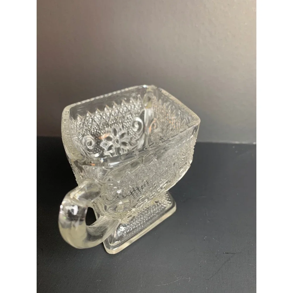 Vintage Clear Pressed Glass Sugar Bowl Diamond Point Floral Scroll Double Handle